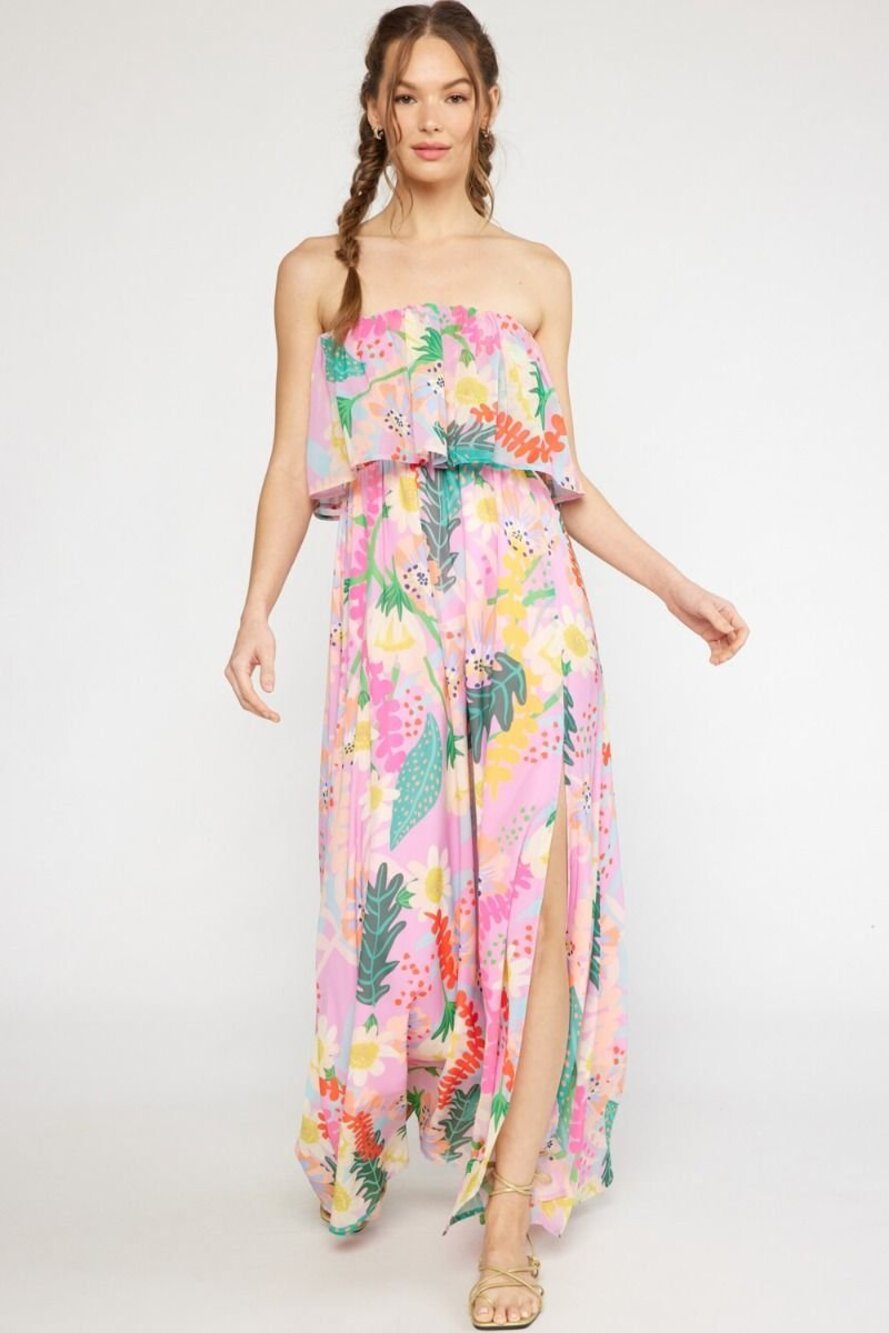 Entro strapless Flounce ruffle dress Tropical floral womens large tube top y2k